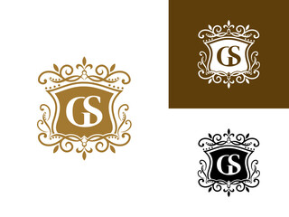 Beautiful luxury letter GS in shield and Abstract Plant. Initial Identity Letter in Gold color Logo vector template