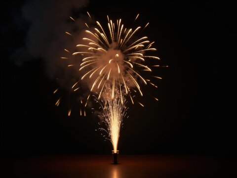 Bright gold fireworks exploding with smoke on black background