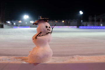 the first snowman at the stadium in Sokolniki Park, Moscow, Russia