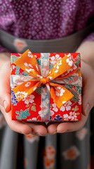 Female hands holding floral gift wrapped in red paper with bow