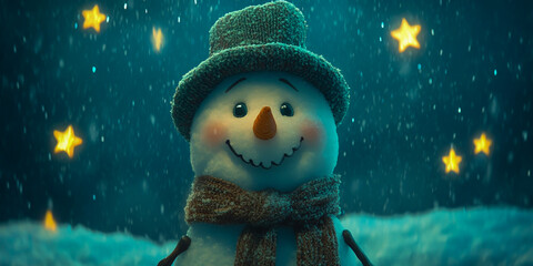 Obraz premium A playful snowman stands in gently falling snow surrounded by a winter wonderland.