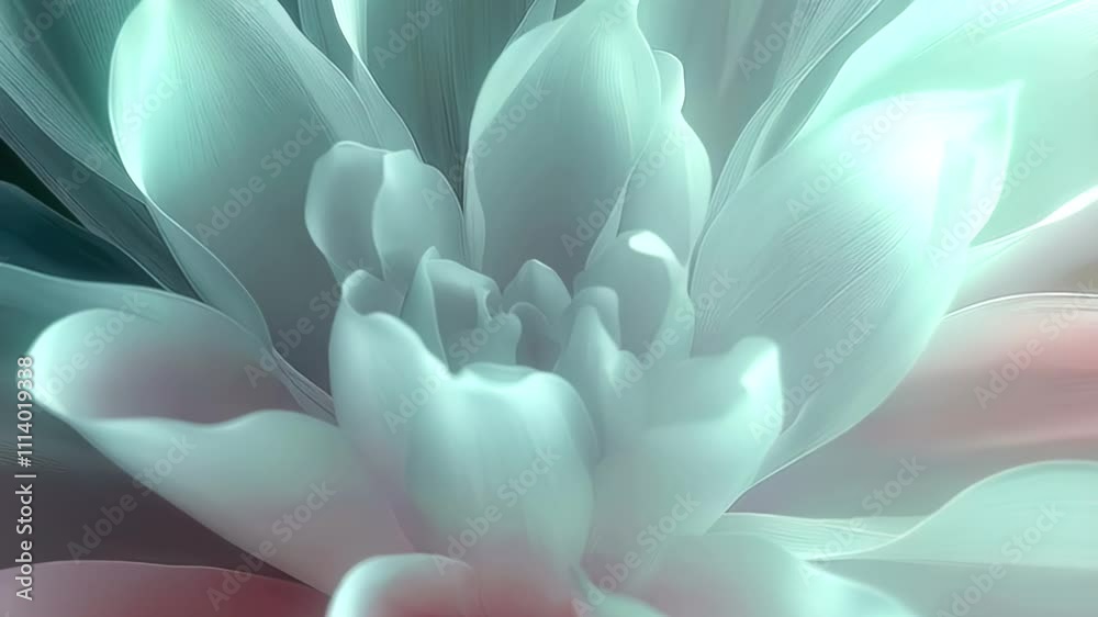 Aufkleber Animation of an ethereal abstract flower with translucent light blue petals illuminated from below in pink, creating an atmosphere of lightness