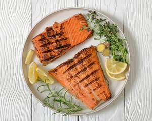 grilled salmon fish fillet with herbs, top view