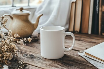 A mockup photograph of a white mug with a teak wooden table