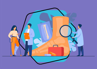 Podiatrist examining ankle and foot of female patient. Woman on crutches with plaster on leg consulting doctor with X ray. Vector illustration for treatment, podiatry, disease, health care concept