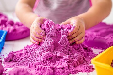 Child's hands playing with purple kinetic sand, forming blocks and mounds with colorful containers. Sensory play and creative activity. Generative AI