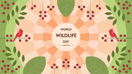 World Wildlife Day background design with leaves, birds, and cherries. Vector Illustration.