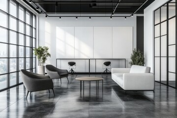 Fototapeta premium A modern and minimalist office interior design rendering, featuring an open space layout with white walls