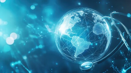 Obraz premium Glass globe with stethoscope on blue background,representing World Health Day, telemedicine business, and life insurance technology,Global Health Awareness,Save Earth,Green Earth Day,ESG.