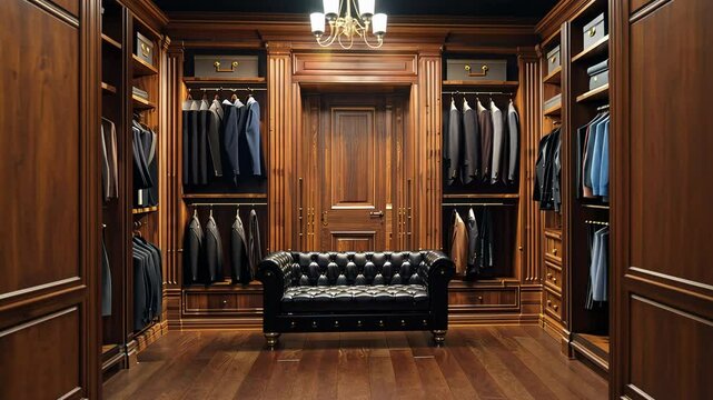 Luxury store of men clothing with black sofa, male wardrobe interior	
