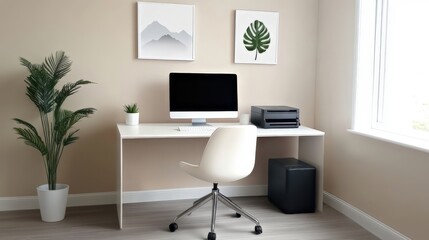 Minimalist Home Office with White Desk and Modern Décor