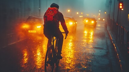 A cyclist rides through a rainy cityscape, illuminated by glowing car lights and reflections.