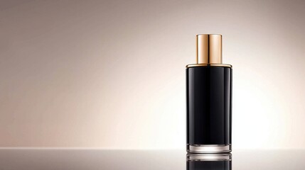 Elegant Black Glass Perfume Bottle with Gold Lid Against a Soft Gradient Background, Capturing Luxury and Sophisticated Style for Fragrance Marketing