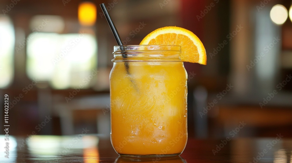 Poster refreshing citrus drink in mason jar with ice and orange slice