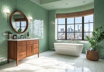 Modern green bathroom with stylish design, featuring a large window overlooking the New York City skyline. Luxury urban living and contemporary interior concept.