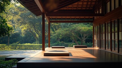 Fototapeta premium Tranquil Wooden Pavilion Overlooking Lush Green Garden