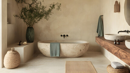 Modern bathroom design featuring a stone bathtub and minimalist decor in a neutral color palette