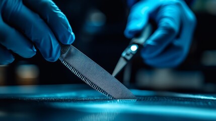 Close-up of gloved hands using surgical tools on a dark surface.
