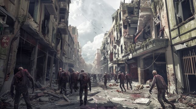 Zombies walk through a city destroyed by the apocalypse