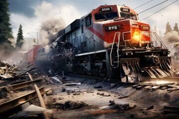 Obraz premium Damaged train is in fire and destruction after crashing