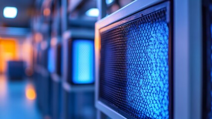 Close-up of cooling units in a data center, highlighting technology and infrastructure.