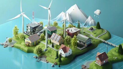 A smart grid system balancing renewable energy storage from solar, wind, and hydro sources, with digital interfaces showing efficient energy distribution to homes and businesses