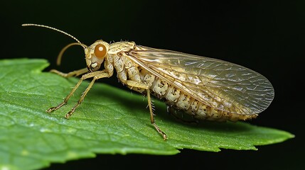 Pale insect rests on a vibrant green leaf