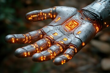 Futuristic Robotic Hand with Glowing Circuits in Nature