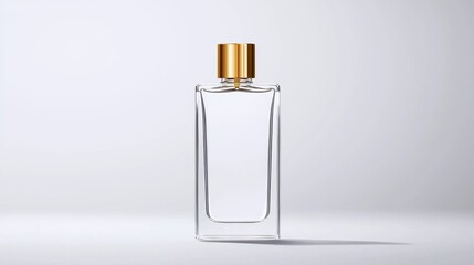 Elegant Clear Glass Perfume Bottle with Gold Cap on a Minimalist Background for Scent and Fragrance Advertising or Product Placement