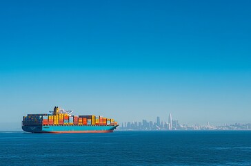 Massive cargo ship sailing across the ocean, loaded with colorful shipping containers. Symbol of global trade, international commerce, and maritime logistics.