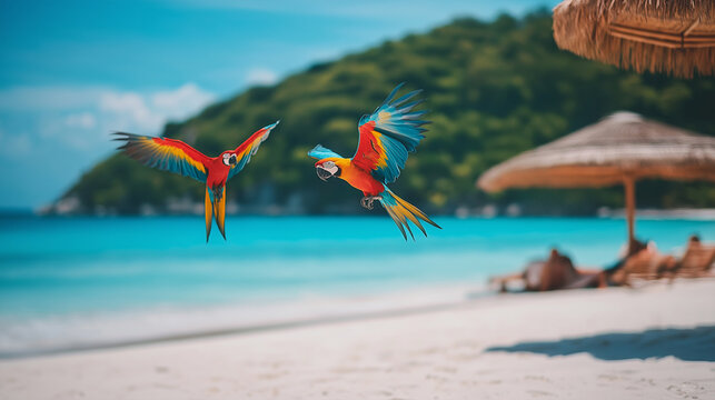 Two colorful parrots flying over a tropical beach paradise