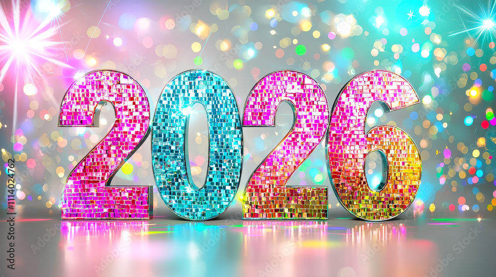 Poster Festive 2026 display shines with vibrant colors and sparkling lights, creating a lively atmosphere for New Year’s celebrations