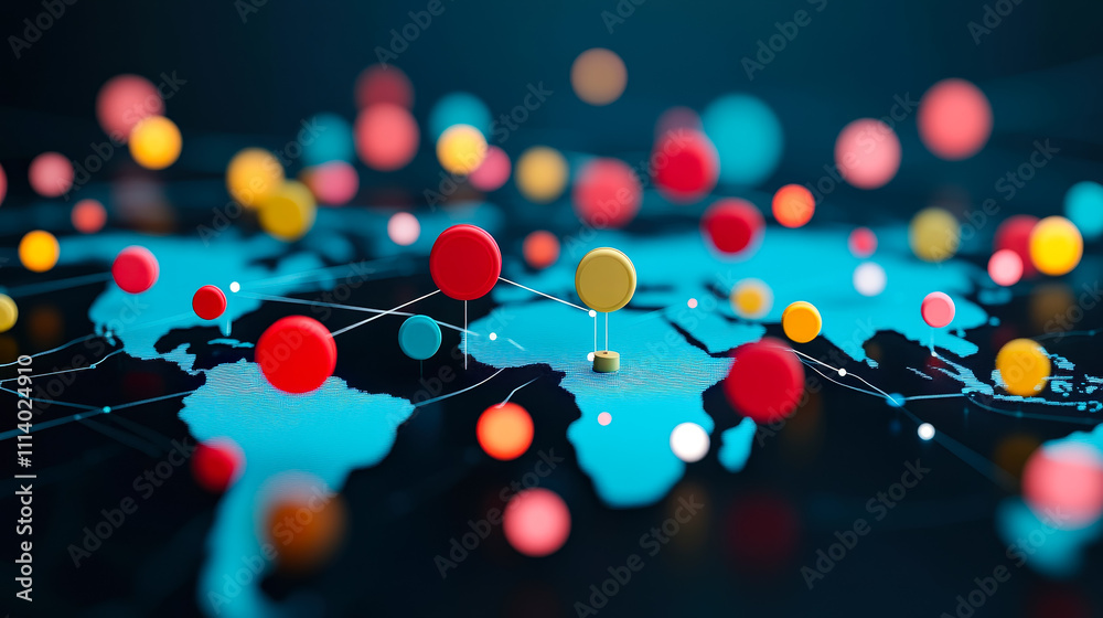 Poster A vibrant representation of a world map features colorful nodes and lines, symbolizing data connections and global interaction