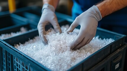 Hands in gloves handling plastic flakes in a container for recycling or manufacturing purposes.