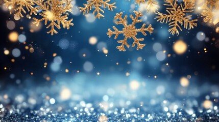 Elegant Golden Snowflakes on Blue Background with Glittering Particles and Delicate Light Effects, Perfect for Joyful New Year's Day Celebration, Silver-Grey and Gold Color Scheme, Festive Atmosphere