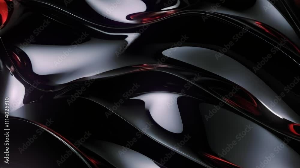 Poster Animation with glossy black waves that flow smoothly into the frame. Red lines shine through between the waves, adding depth, mystery and movement