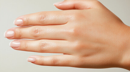 Naklejka premium A hand is shown with neatly manicured nails and smooth skin, emphasizing a natural and clean appearance against a light backdrop