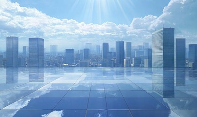 Glass observation platform at a high vantage point in the city, overlooking the urban skyline. Ideal background for car advertisements with reflections and modern aesthetics.