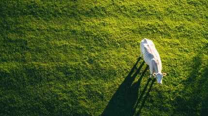 Obraz premium Aerial view of a light-colored cow casting a shadow on a sunlit green pasture, creating a peaceful copy space image.