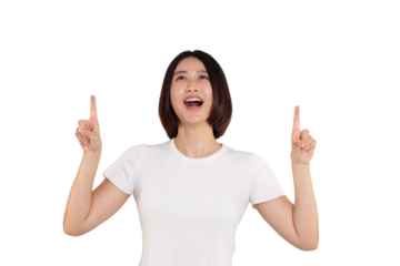portrait of a Happy Asian woman smiling points her index finger at an empty space in the background and looks straight ahead on white background