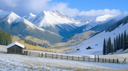 Snow-covered mountain valley with rustic cabins and scenic views