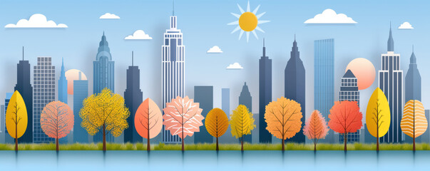 Urban wireframe showcasing park spaces in vibrant cities, A colorful city skyline with vibrant autumn trees and a clear blue sky, showcasing the harmony between nature and urban life.
