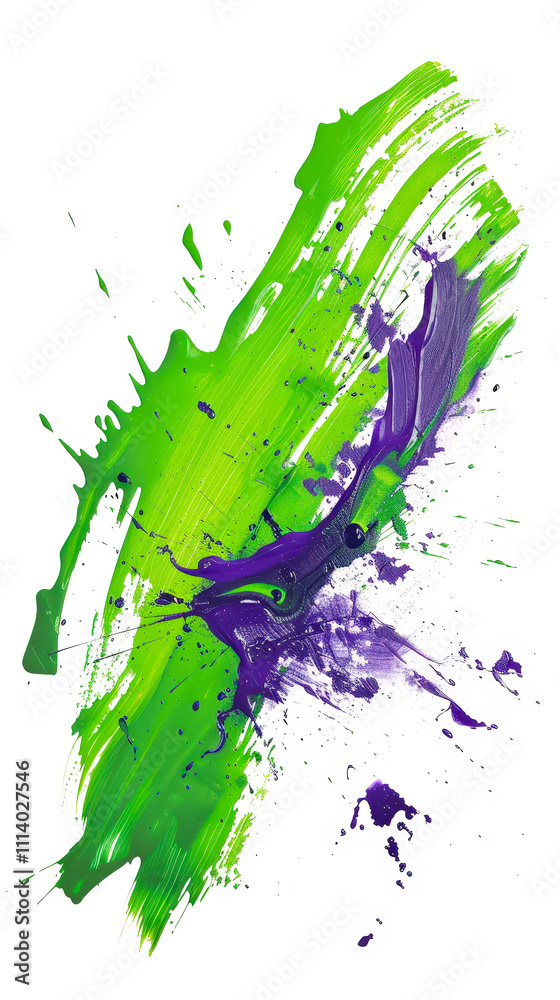 Poster Bright splashes of green and purple paint blend together, forming an abstract composition with dynamic textures and patterns