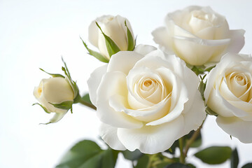 Soft, white roses in full bloom, isolated on a clean white backdrop, ideal for wedding graphics, luxury floral arrangements, or romantic and elegant design projects.