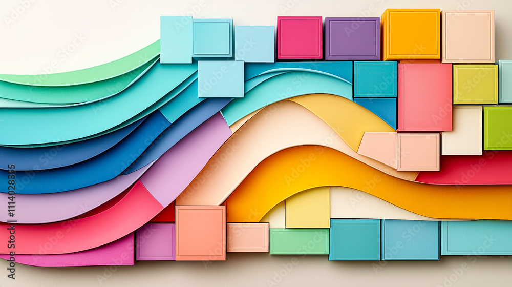 Poster Brightly colored paper shapes create smooth waves and geometric patterns, adding a vibrant touch to a modern interior space