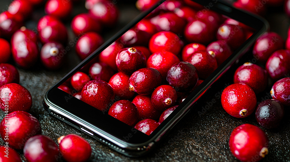 Poster vibrant red cranberries surround a smartphone that showcases an image of more cranberries, highlight