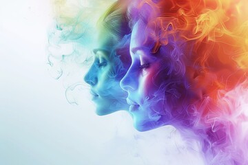 Fototapeta premium Colorful silhouettes of women in soft palette with distinctive noses and layered collage style