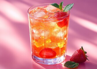 Refreshing strawberry iced tea in a tall glass, garnished with mint and strawberries. Perfect for summer.
