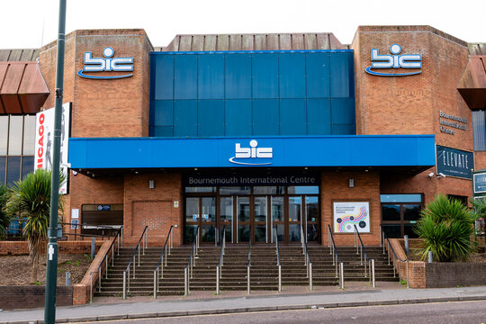 Entrance to the Bournemouth International Centre (BIC), a premier venue in southern England known for hosting exhibitions, conferences, entertainment events, and more.