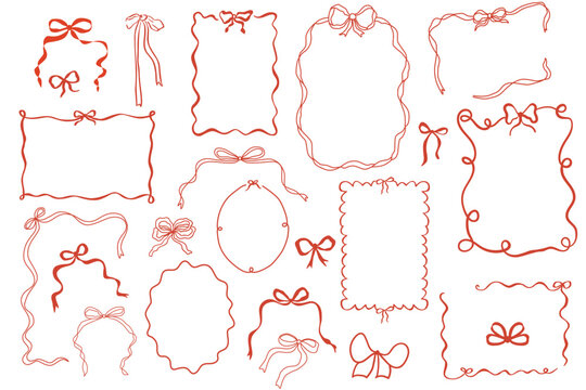 Red whimsical bow knots frames set. Doodle hand drawn vintage bows, ribbon borders collection for birthday card, wedding invitation, squiggly, wavy borders. Minimal line art, cute vector elements.